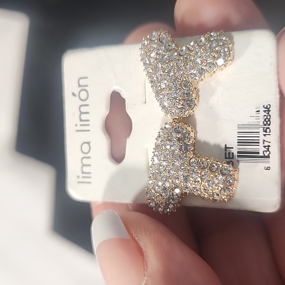 Lima Limón Gold Tone T Letter Rhinestones Earrings. New! - Picture 3 of 5